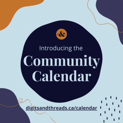 Image description: Organic shapes in shades of blue and ochre, with writing: Introducing the Community Calendar