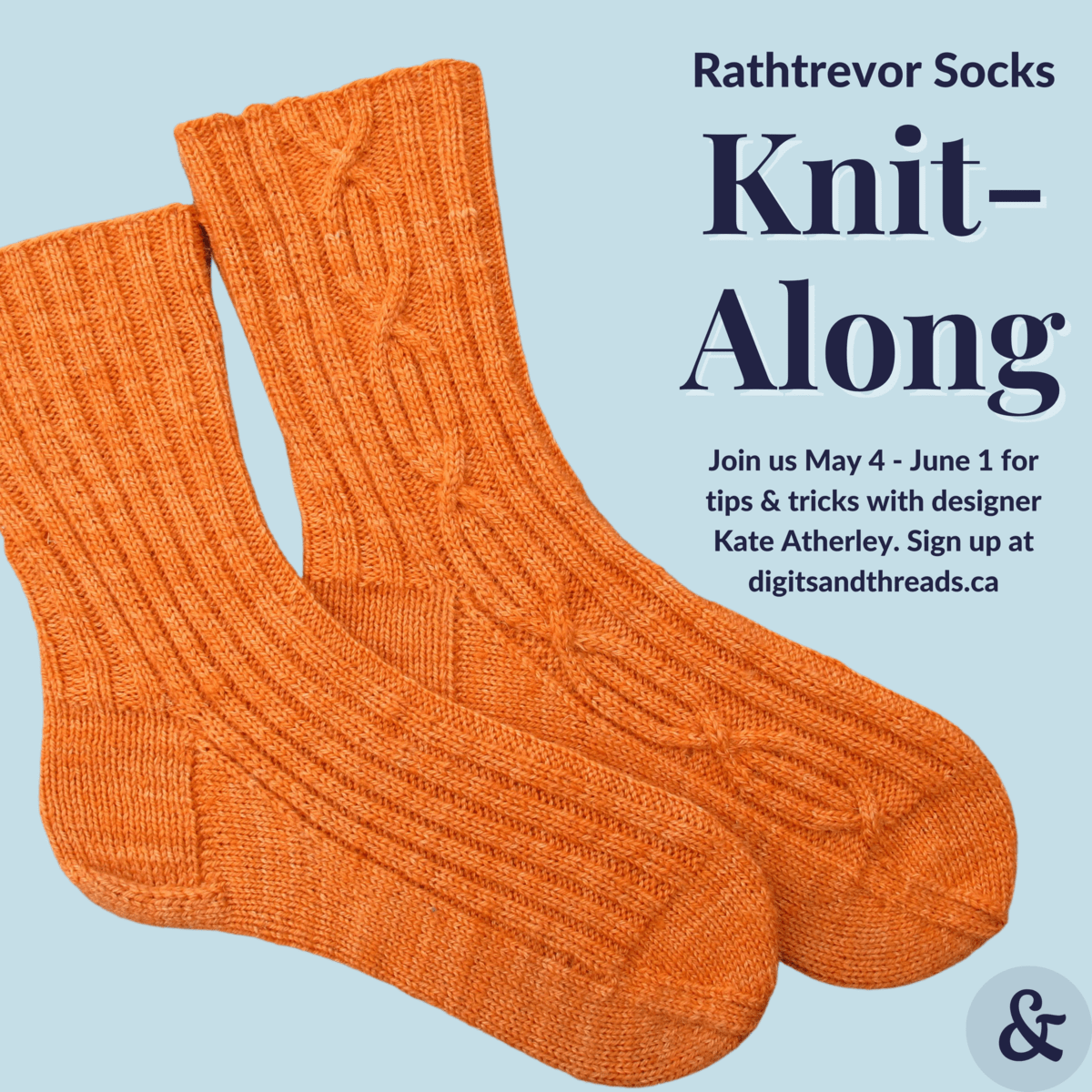 Image description: Pair of orange socks on a light-blue background with words, including Rathtrevor Socks Knit-Along.