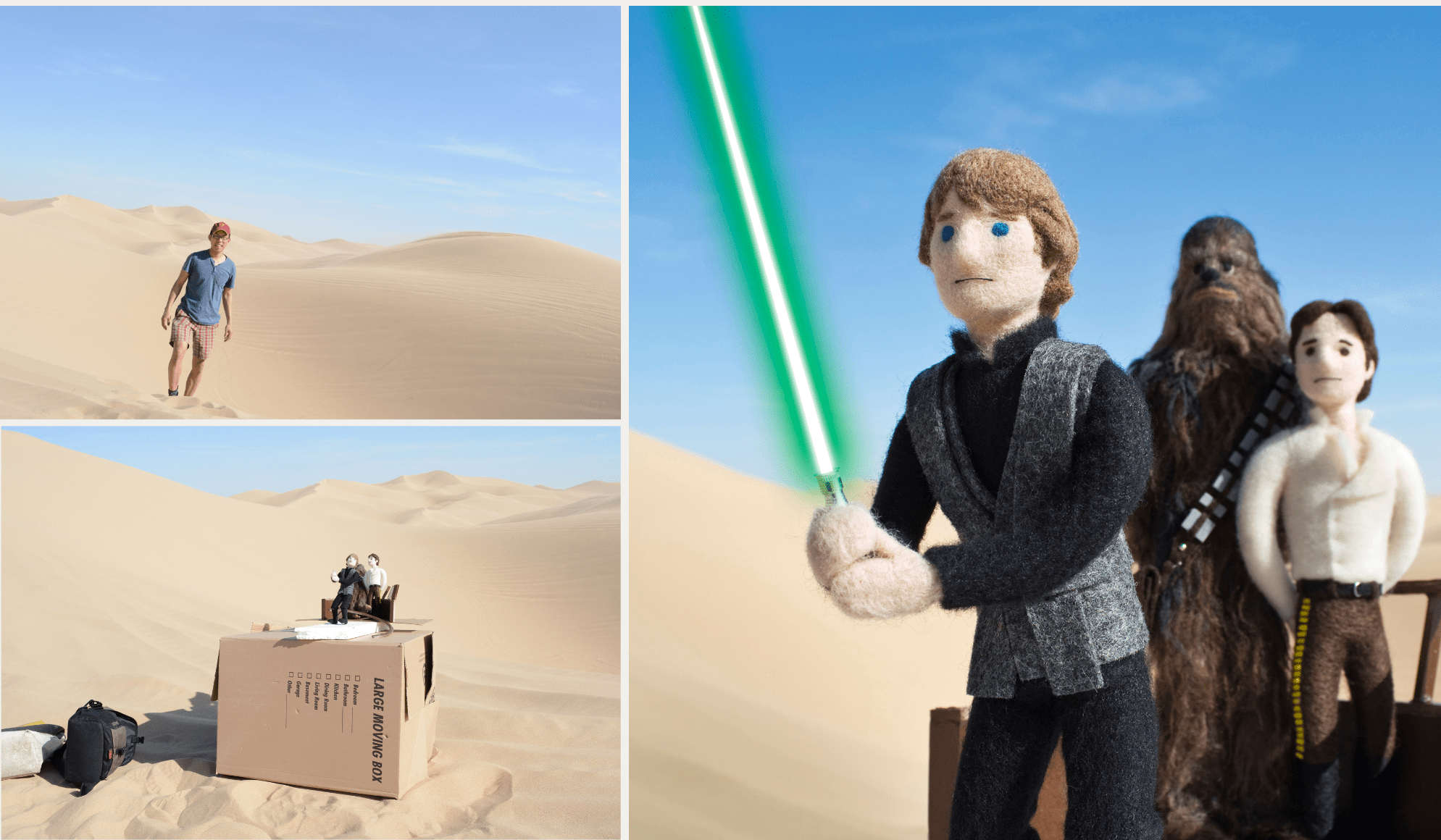 Image description: three images depicting needle-felted scenes in miniature. On the top left, the artist in an area of sand dunes. On the bottom left, the image set up for photography, the characters posed on a cardboard box. On the right, the professional photo for publication.