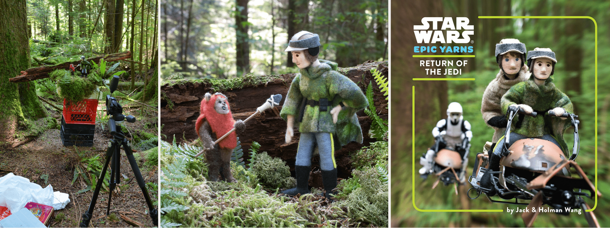 Image description: three images depicting needle-felted scenes in miniature. On the left, the setup in forest. In the centre, the professional photo for publication. On the right, a similar image on a book cover.