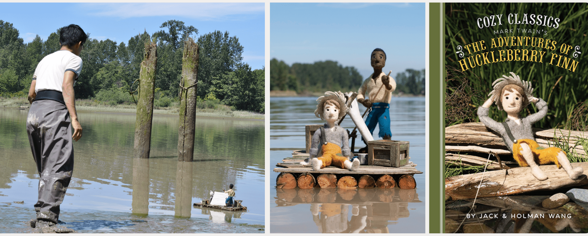 Image description: three images depicting needle-felted scenes in miniature. On the left, the setup on a river bank. In the centre, the professional photo for publication. On the right, a similar image on a book cover.