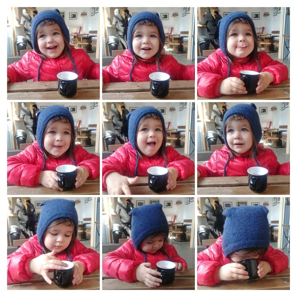 image: a collage of 9 images - the same child in the same handknit hat, each with a slightly different facial expression