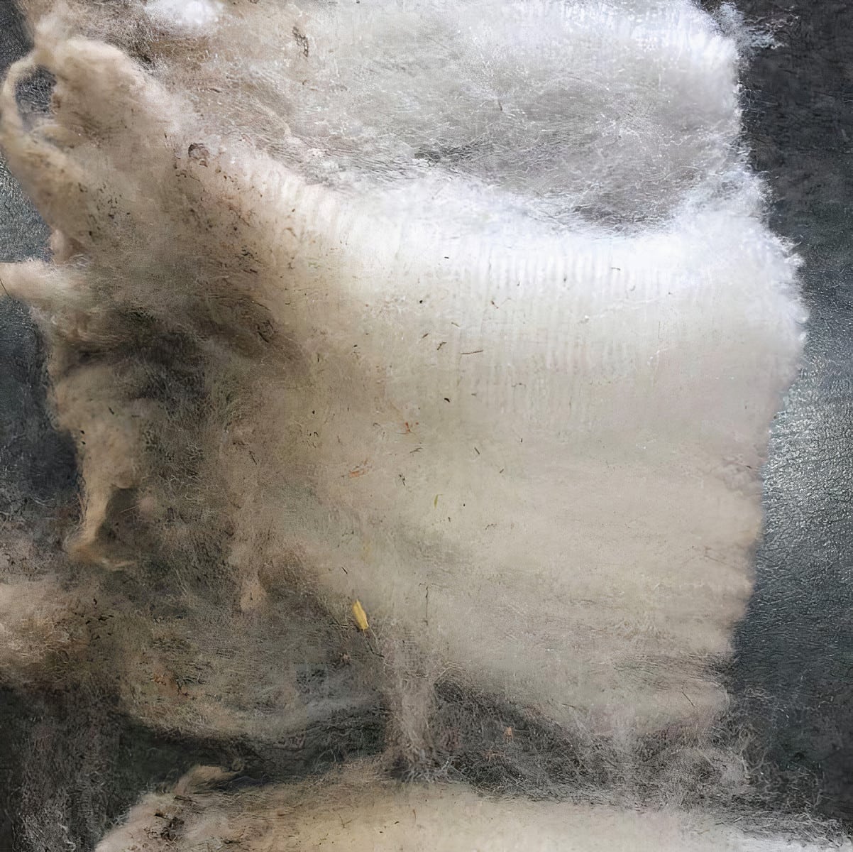 image description: a close-up of wool fibre, after it's been sheared from the sheep