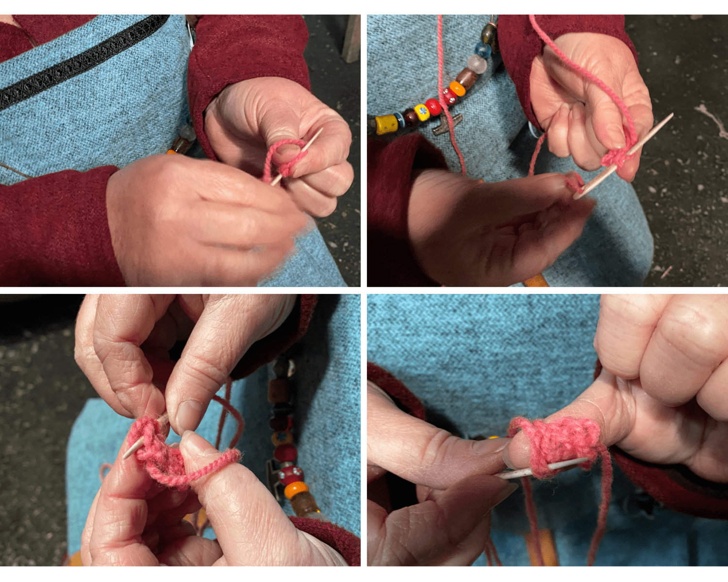 image description: a collage of four images, each a close up of hands showing the steps for working nalbinding
