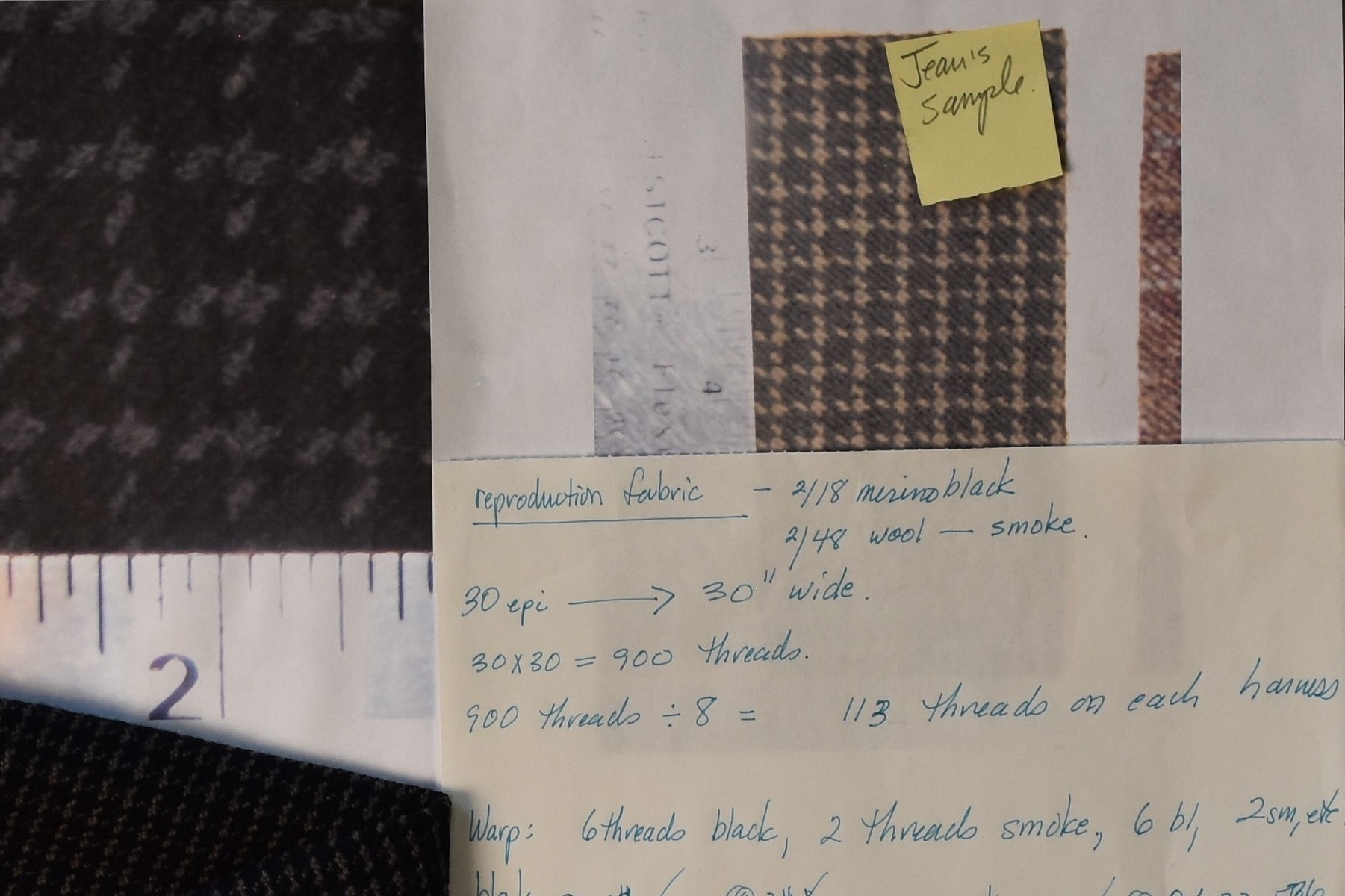 image description: several items lying together on a table - a fabric sample, a close-up photograph of similar fabric, and some handwritten technical notes