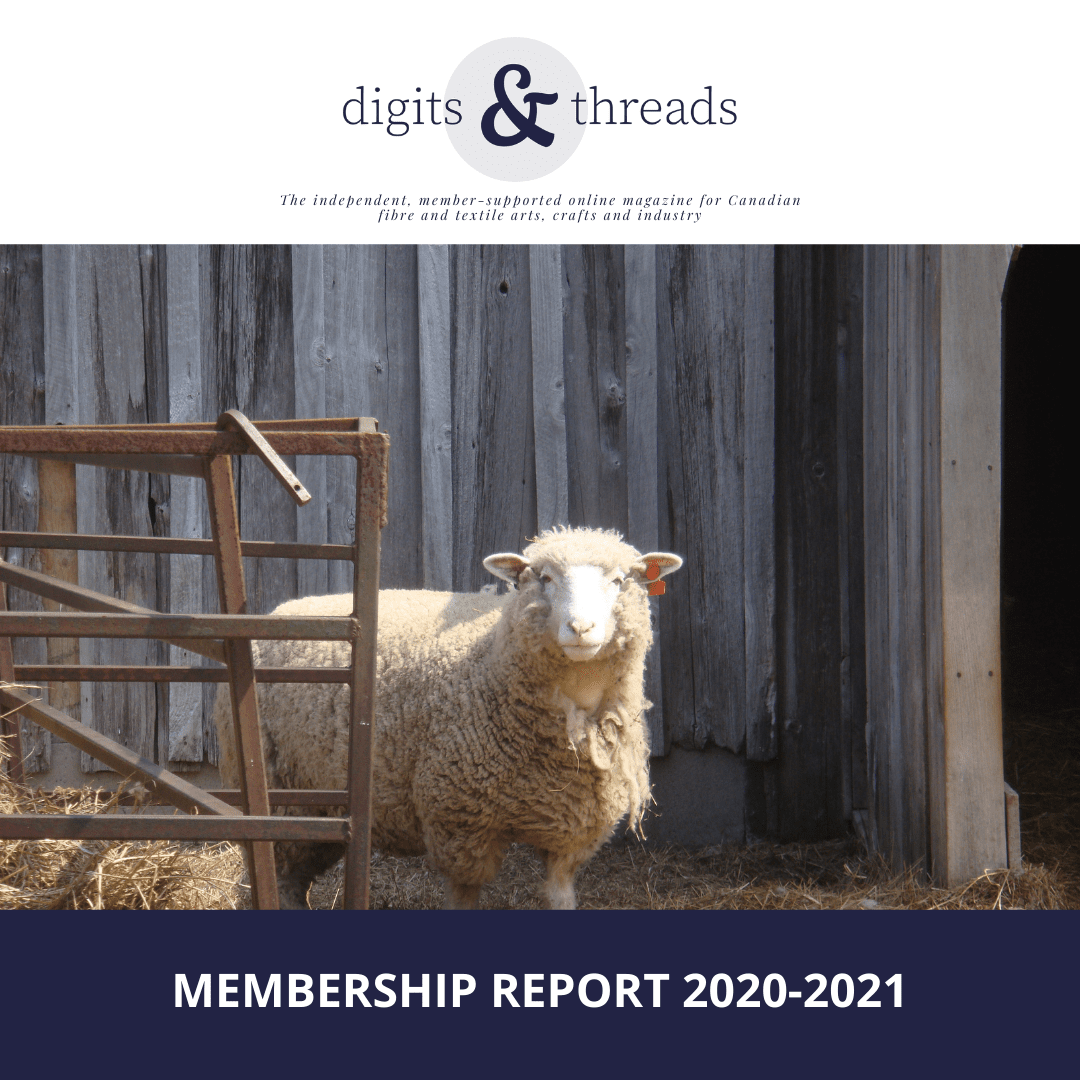 Image description: Cover page of Digits & Threads 2020-2021 Membership Report, including a large photo of a white sheep looking at the camera.