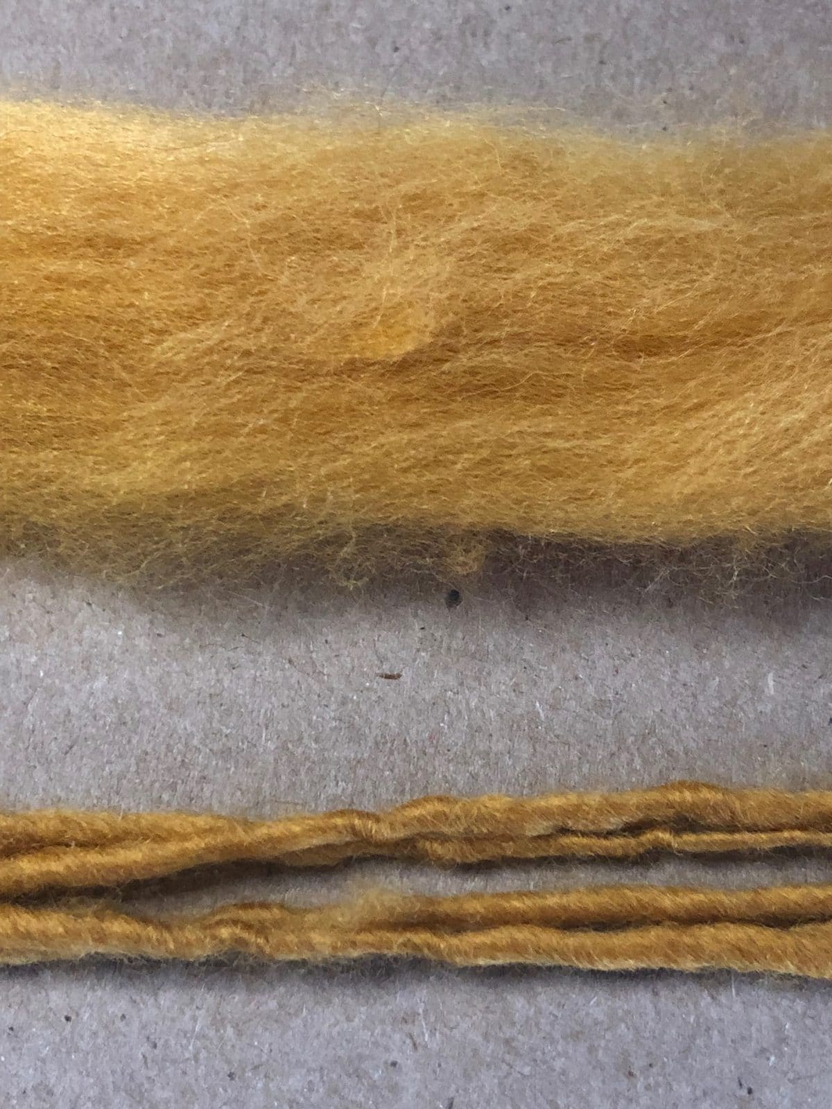 image description: above, unspun fibre, below, a few strands of a singles yarn spun from that fibre