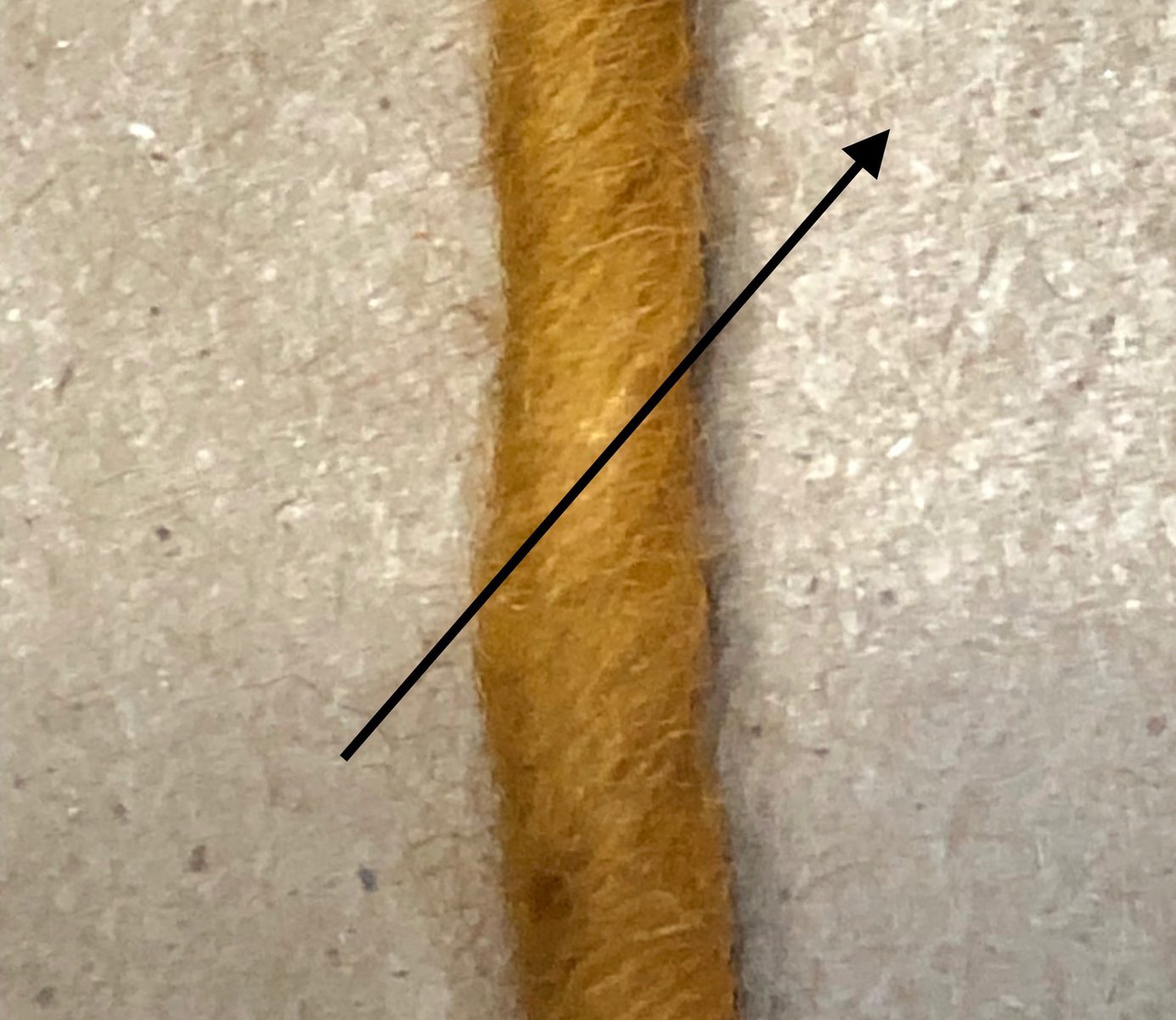 image description: a close-up of a short length of yarn, with an arrow superimposed on the image to indicate the direction of the twist in the yarn