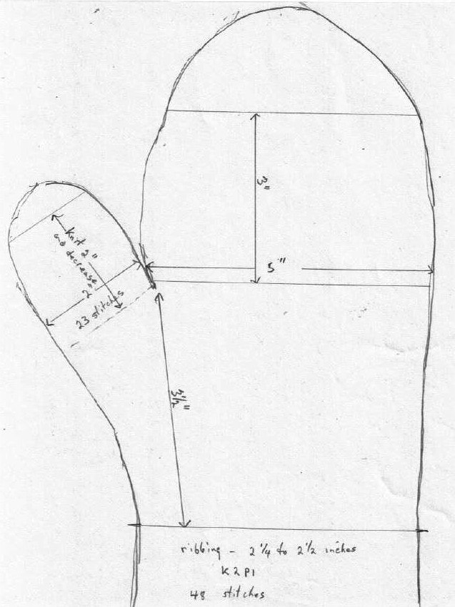 image description: a rough hand-drawn sketch of a mitten, with measurements added