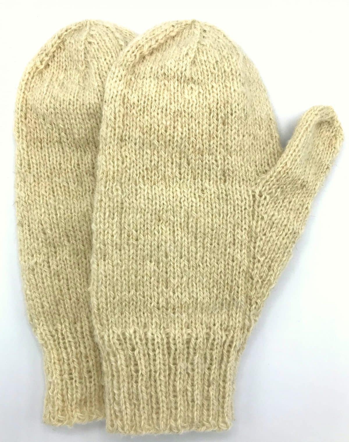image description: a pair of handknit mittens worked in off-white wool, oversized and somewhat loosely knit, ready for felting