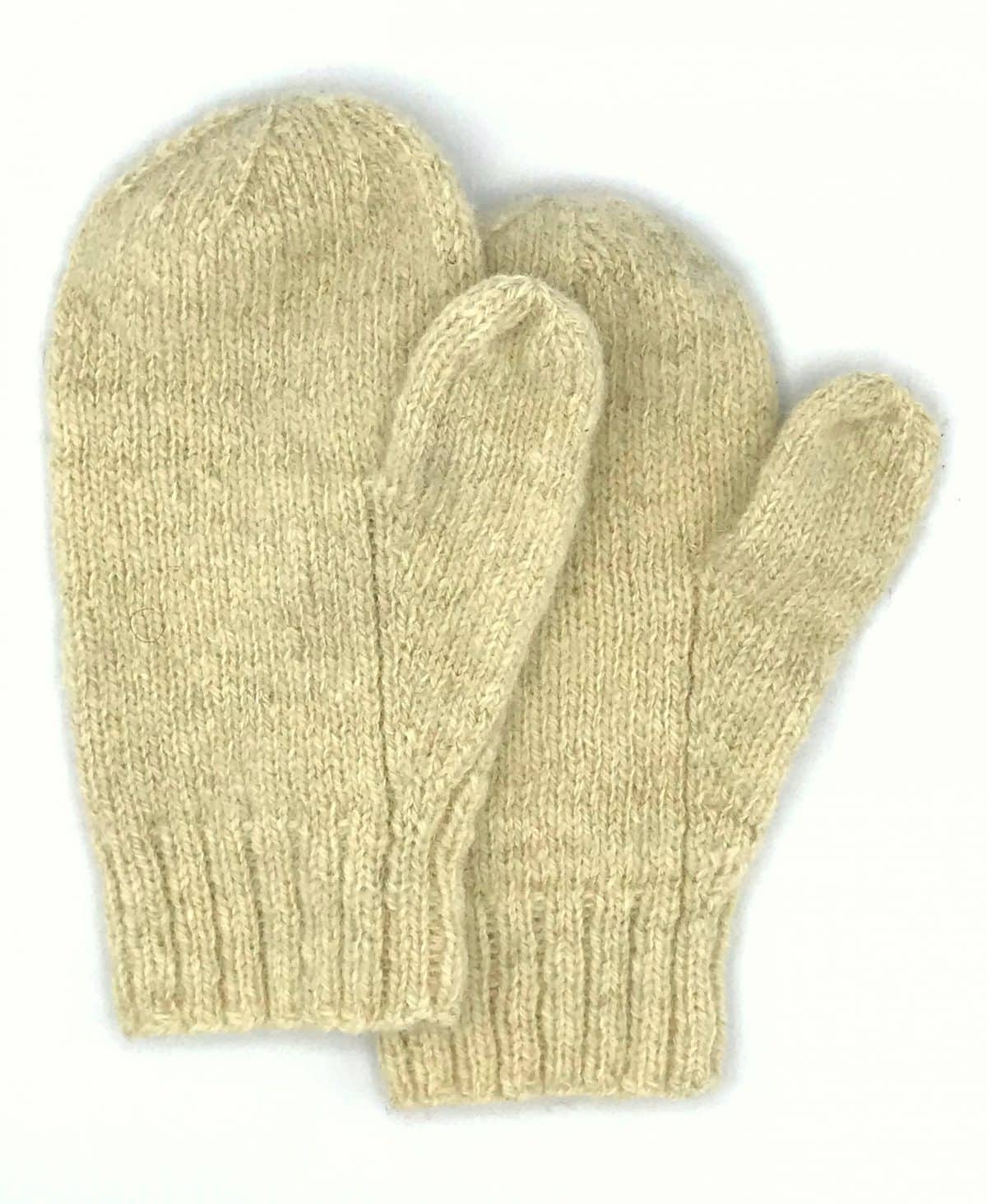 image description: a pair of handknit mittens worked in off-white wool, after felting