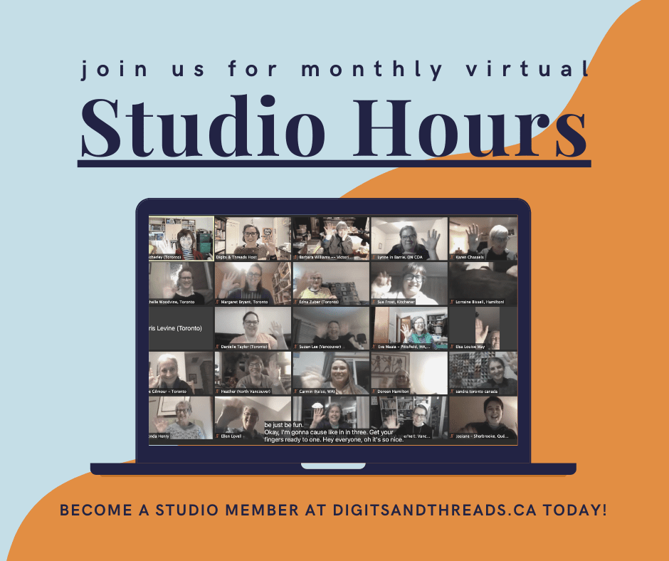 Image description: Screen shot from a full Zoom session, and the words "Join us for monthly virtual Studio Hours!"