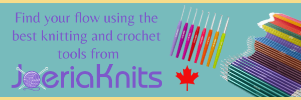 Ad description: crochet and knitting tools and the words, "Find your flow with the gentle movement of knitting and crocheting using the best tools from Joeriaknits."